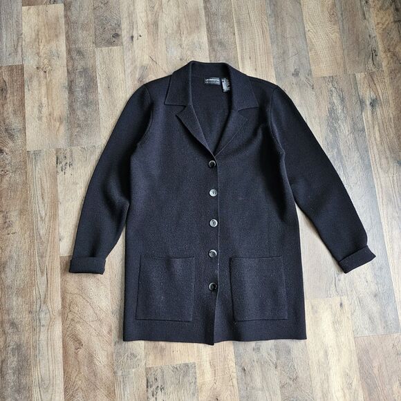 Liz Claiborne Sweaters - Vintage Liz Claiborne Knit Blazer Black Small 90s Merino Wool Blend Classic EUC